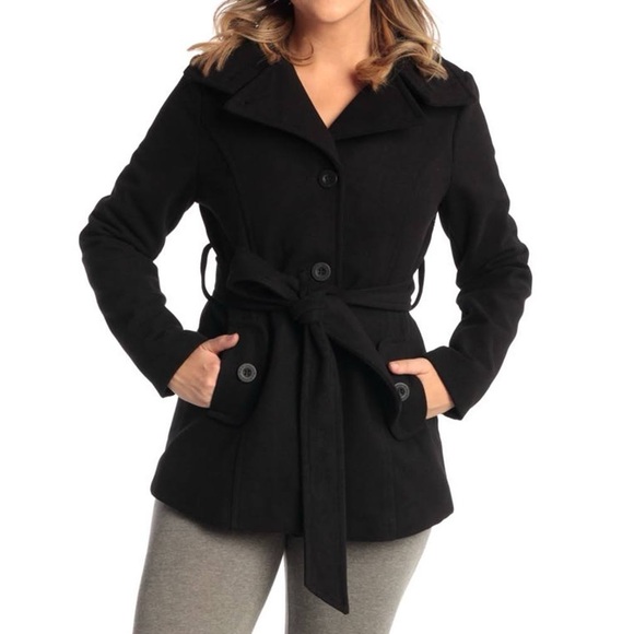 Anne Klein Women’s Solid Black Double Breasted Belted Short Wool Peacoat Coat - Picture 1 of 10